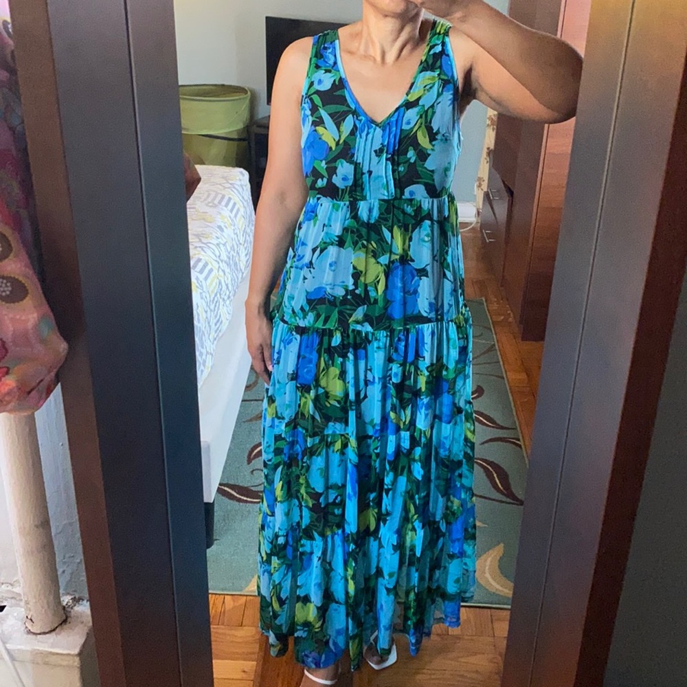 Blue and green floral sleeveless maxi dress